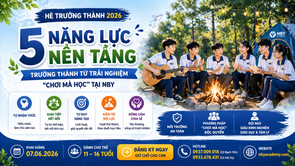 Trại hè kỹ năng NBY 2026 giúp trẻ 11–16 tuổi rèn luyện 5 năng lực nền tảng, tự tin, bản lĩnh và trưởng thành qua trải nghiệm thực tế